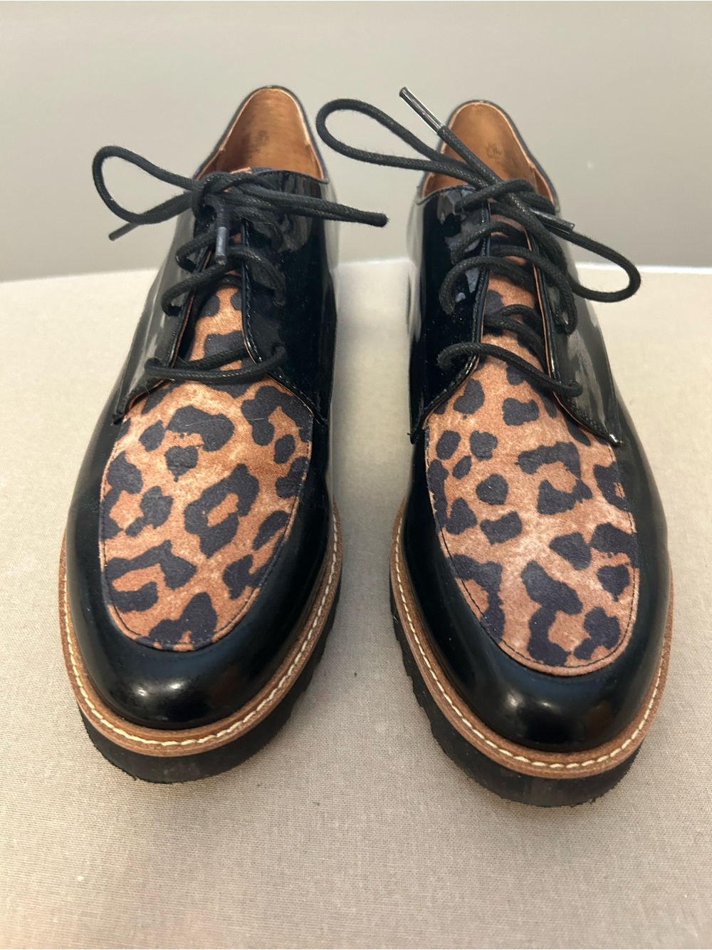 Women’s Black Leather Lace-Up Shoes with Leopard Print Vamp